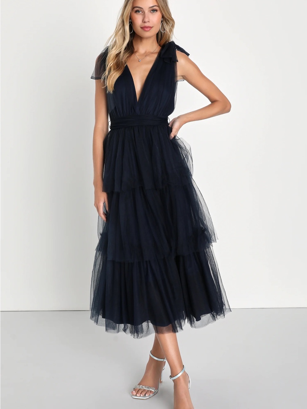 Flawless Arrival Navy Blue Tulle Tie-Strap Tiered Maxi Dress